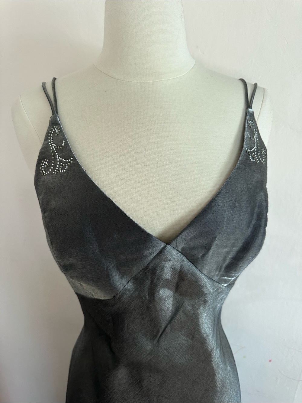 90s Y2K Iridescent Silver Prom Formal Dress Goth Fairy Sz S Lace Up Back - Picture 5 of 13